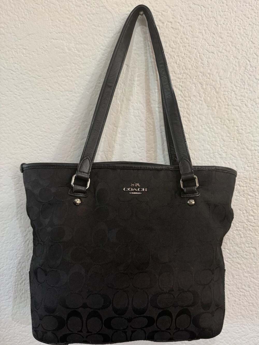 Coach Signature Jacquard Black Tote Bag with Leather Straps and Back Zip Pocket